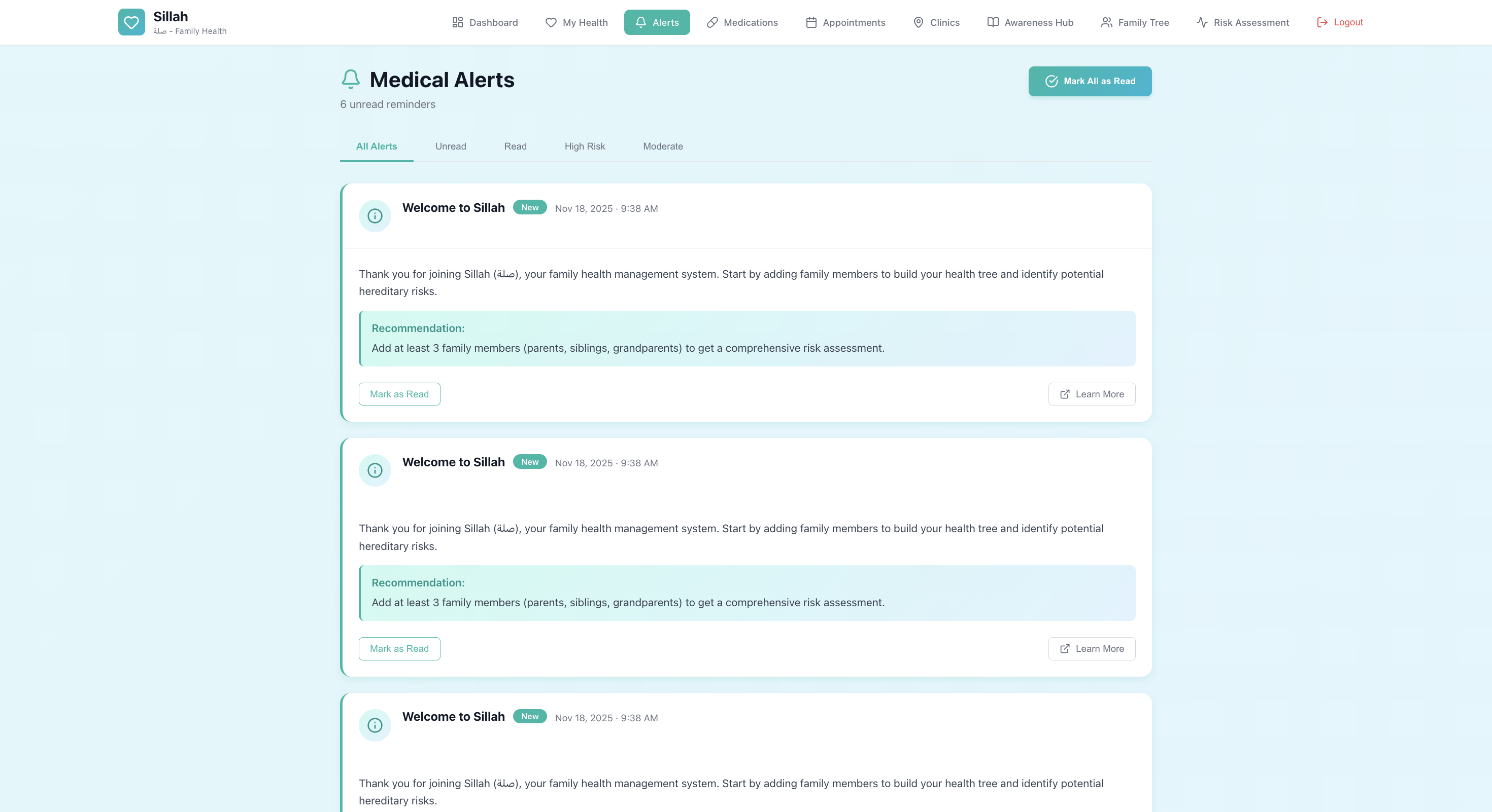 Sillah patient medical alerts screen
